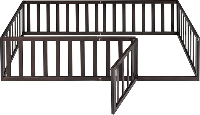 Merax Twin Floor Bed with Safety Guardrails and Door, Wood Montessori Floor Bed Frame for Kids, Twin Playhouse Bed Frame for Baby Girls and Boys, Walnut