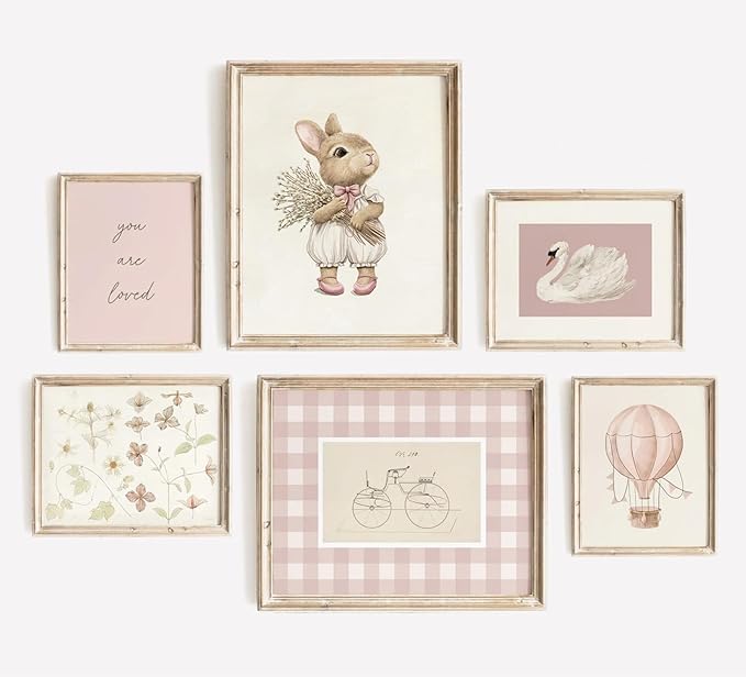Pink Nursery Wall Art Baby Girl Canvas Wall Decor Vintage Poster Bunny Flower Wall Art Antique Preppy Pictures Animal Floral Prints Kids Swans Painting for Girls Room Bedroom 8x10x6 Inch Unframed