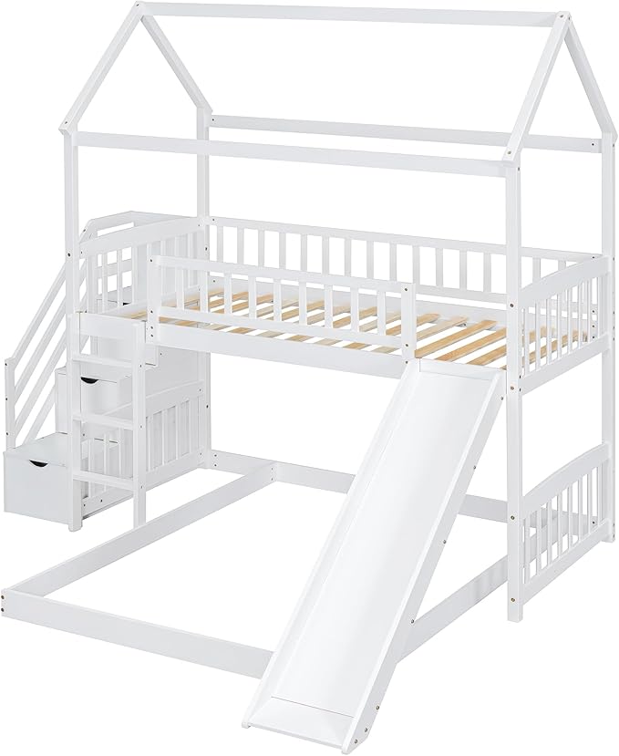 MERITLINE Twin Over Full L Shaped Bunk Bed for 2,Solid Wood House Floor Bunk Bed with Slide and Storage Stairs,No Box Spring Needed (White)
