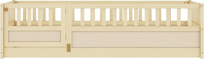 Ball & Cast Twin Size Montessori Floor Bed with Baffle Design & Open Door,Toddler Floor Bed Frame W/Fence and High Guardrails,Wooden Playhosue Bed for Girls and Boys,No Box Spring Needed,Natural