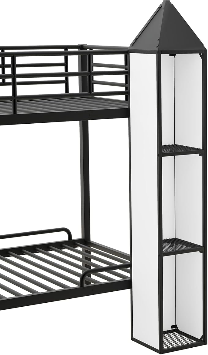 Twin Over Twin Castle-Shaped Bunk Bed with Wardrobe and Multiple Storage, Metal Bunk Bed with Storage Staircase and Safety Guardrail for Kids Teens Boys Girls Bedroom (White+Black 04)