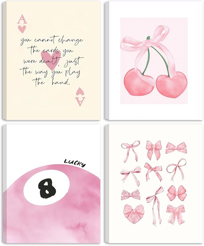 Coquette Y2K Lucky Wall Art Set of 4, Pink Preppy Aesthetic Canvas Prints, Cherry Bows 8 Ball Ace Card Wall Decor for Girls Bedroom, Dorm, Vanity, or Home Decor 8x10in Framed