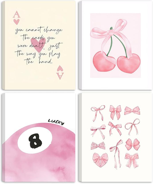 Coquette Y2K Lucky Wall Art Set of 4, Pink Preppy Aesthetic Canvas Prints, Cherry Bows 8 Ball Ace Card Wall Decor for Girls Bedroom, Dorm, Vanity, or Home Decor 8x10in Framed