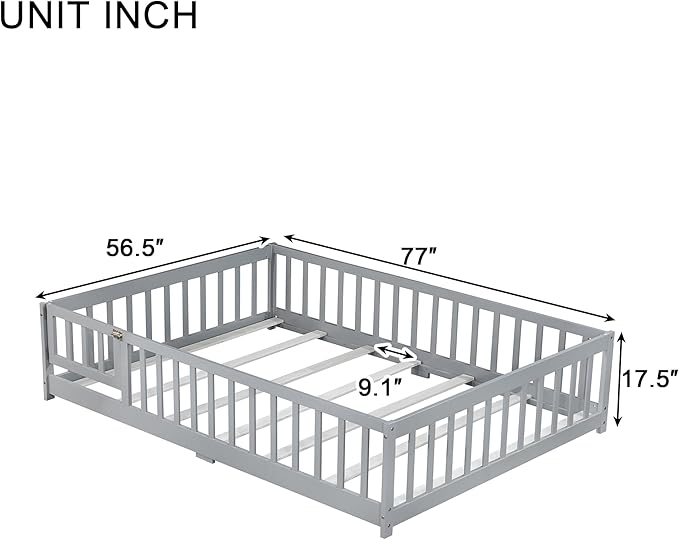 Ball & Cast Full Size Montessori Floor Bed,Wooden Floor Bed Frame with Wood Slats,Montessori Toddler Bedframe W/Door and Safety Guardrails for Girls Boys,Bedroom,Playroom,No Box Spring Needed,Grey