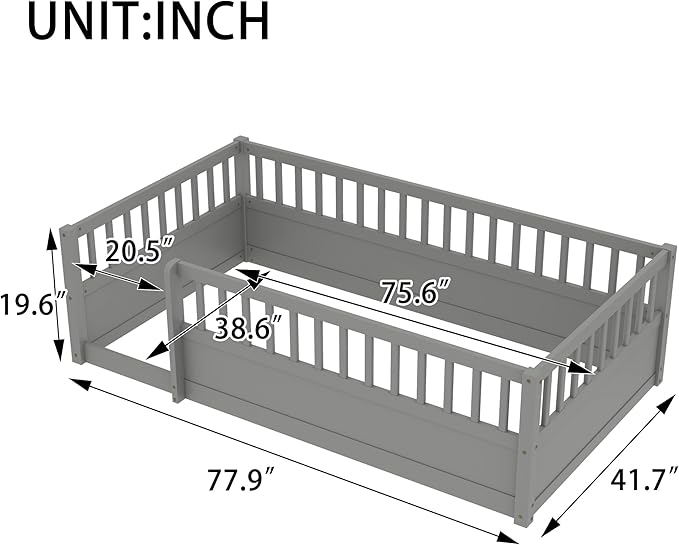Harper & Bright Designs Twin Floor Bed for Kids, Wood Floor Beds with High Guardrails, Montessori Bed Twin with Opening Door for Boys, Girls, Kids, Solid Wood Structure, Gray