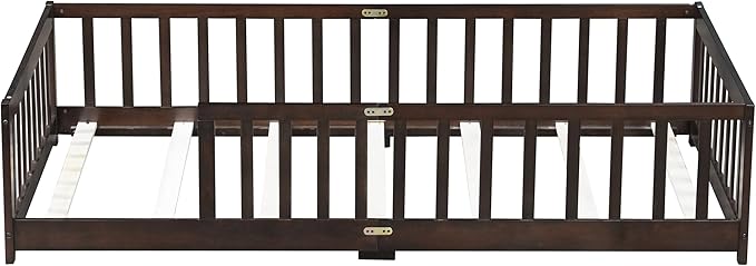Twin Size Floor Bed for Kids, Wood Montessori Floor Beds with Fence Railings and Slats Support, Twin Playhouse Bed Frame for Boys Girls, No Box Spring Needed, Espresso