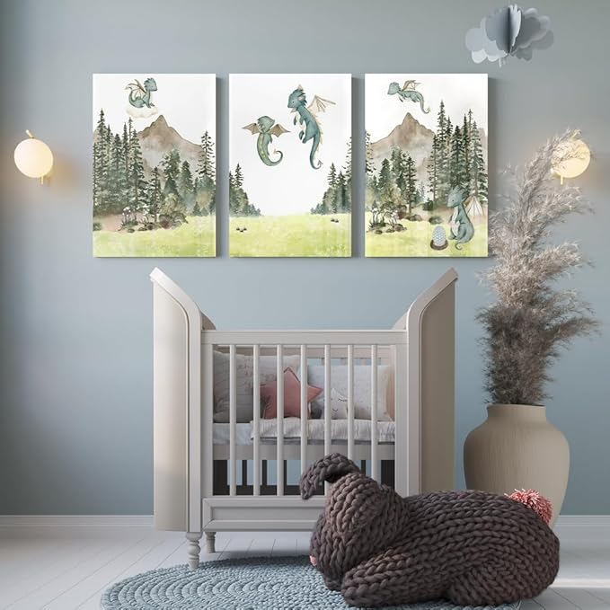 Green Baby Dragon Nursery Wall Decor, Dragon Egg Nursery Print for Baby Boy's Bedroom, Woodland Forest Mountain Wall Art, Nature Animal Art for Kids Room Decor, Framed Set of 3 Canvas, 16"x24"x3