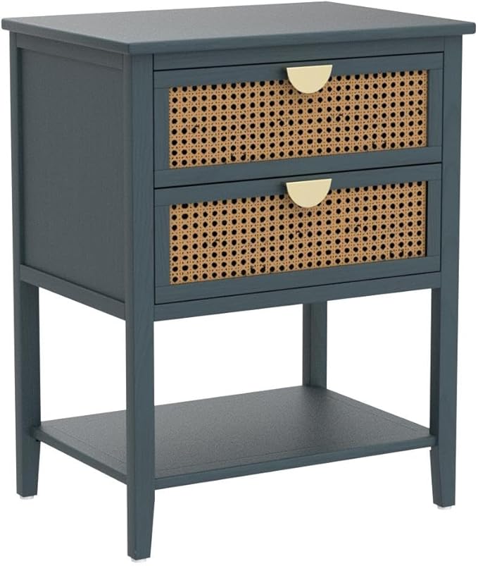 2 Drawers End Table for Living Room, Rattan Nightstand Bedside Table with Metal Handles for Living Room, Bedroom, Small Place(Green)