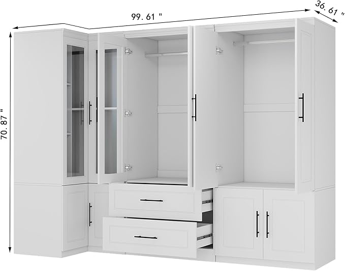 White Armoire Wardrobe Closet with 4 Drawer: Glass Door Wood Wardrobe Closet Wooden Combination Corner Cabinet Bedroom Armoire with Hanging Rods for Home/Bedroom/Living Room