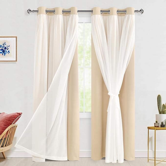 Hiasan Mix & Match Blackout Curtains with Sheer Overlay, Thermal Insulated Privacy Double Layer Room Darkening Window Curtains for Bedroom, Living Room, 2 Panels with Tiebacks, Beige, 42W X 84L