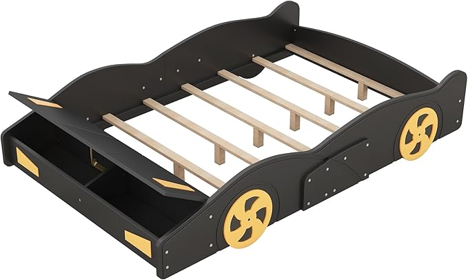 Full Size Car Bed with Storage, Race Car Shaped Bed with Wheels, Wood Car Floor Bed Frame for Teens, Wooden Slats Support, Easy Assembly, Black and Yellow