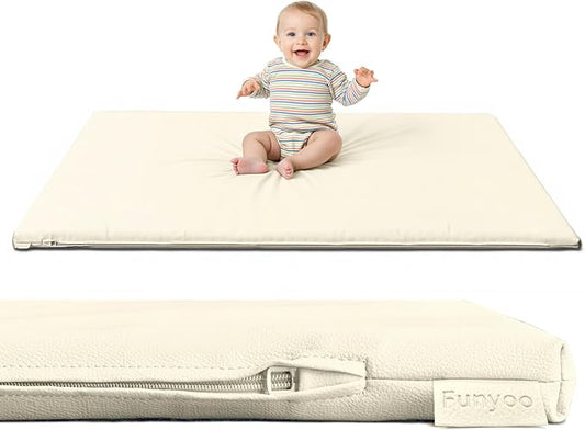 Padded 48" ×48" Baby Play Mat for Floor, 1.2" Thick Memory Foam Playmat with Soft Vegan Leather Cover, Cushioned Play Mat for 50" x50" Playpens, Beige