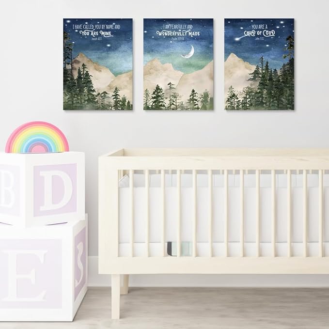 Nursery Scripture Wall Art, Set of 3 Nursery Bible Verse Wall Decor, Star Night Mountain Forest Wall Art, Nature Woodland Decor Canvas Prints, Inspirational Christian Kids Art, Framed 16"x24"