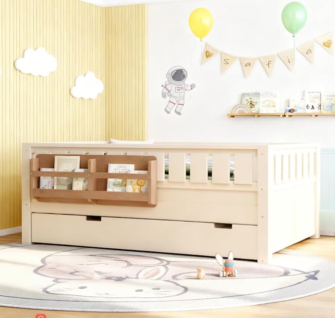 Bellemave Full Size Kids Bed with high Rails and with Built-in Bookshelf and Trundle for Kids, Girls, Boys, Wood Montessori Bed Without Door, Beige