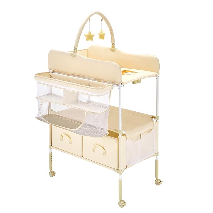 VEVOR Baby Changing Table, Adjustable Height Diaper Change Station with 2 Fabric Drawers, Side Basket and Hanging Rod, Foldable Changing Table with Lockable Wheels and 2 Star Toys, Light Beige