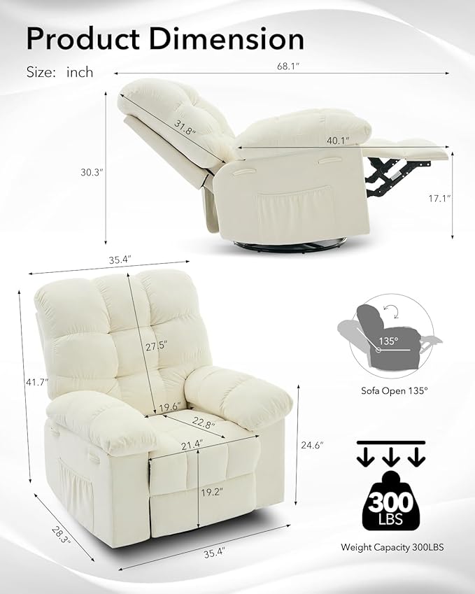Swivel Recliner Chair, Upholstered Fabric Comfy Rocking Chair, Sturdy Q235 Steel Frame Nursery Glider, 300 LBS Capacity, for Small Spaces, Living Room, Bedroom, Beige