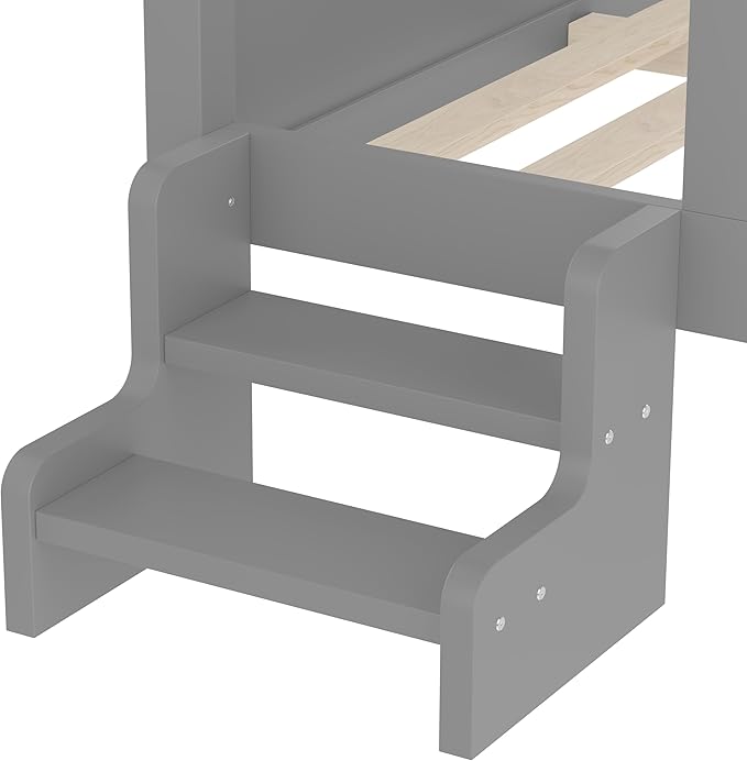 Bellemave Full House Bed with Rails or guardrails and Bookcase, Wooden Full House Shape Platform Bed for Boys, Girls, Teens, Gray