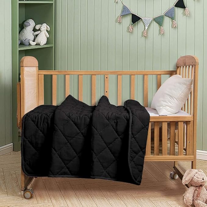 FLXXIE Machine Washable Microfiber Down Alternative Toddler Comforter, Super Soft and Lightweight Kids Crib Quilted Blanket for Stroller, Travel, 39x47 Inches, Black