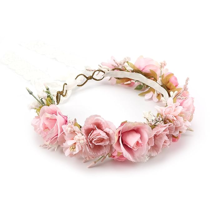 Birthday Party Flower Crown for Girls Children Floral Headpiece Pink Kids Headband Wedding Holo Hair Accessories Photo Prop (Candy Pink)