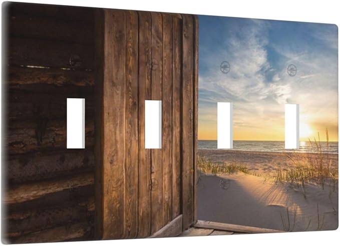 Sun Beach Grass Ocean Landscape Quad Toggle Wall Plate Covers Decorative 4-Gang Wall Plates Farmhouse Western Brown Barn Door Electrical Switchplate for Bathroom Bedroom Kitchen Decor 4.5 X 8 In