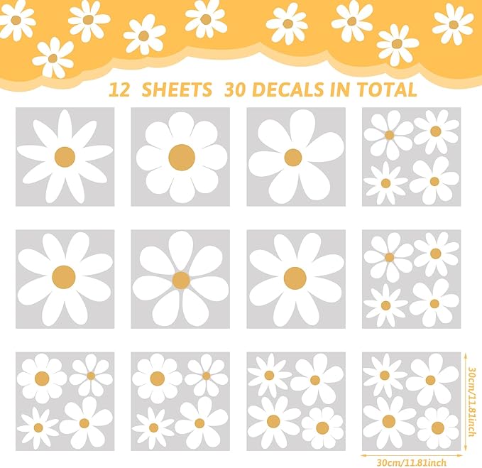 TaoBary 12 Sheets Daisy Wall Decal Flower Wall Sticker Cute Daisy Sticker Pink White Flower Decal Peel and Stick Floral Wallpaper for Nursery Bedroom Home Decor(White, Yellow,Classic Style)