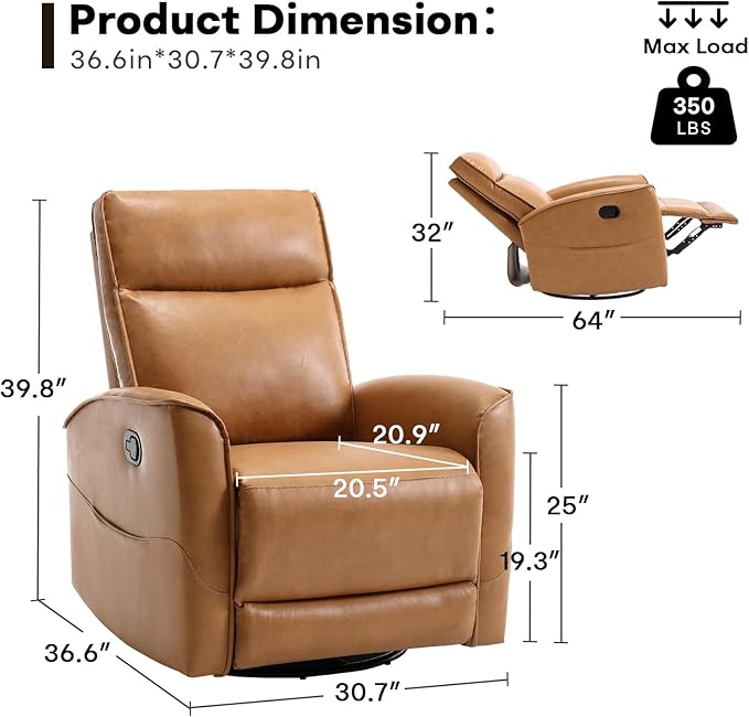 Swivel Rocker Recliner Chair, Manual Faux Leather Glider Rocking Recliners for Adults, 360° Swivel Nursery Reclining Sofa with Storage Pocket