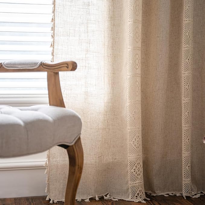 OYX Boho Curtains 84 Inch Length 2 Panels for Living Room, Bedroom Light Filtering Drapes, Farmhouse Vintage Country French Rustic Tassels Pattern Rod Pocket Aesthetic Decor Window Treatments
