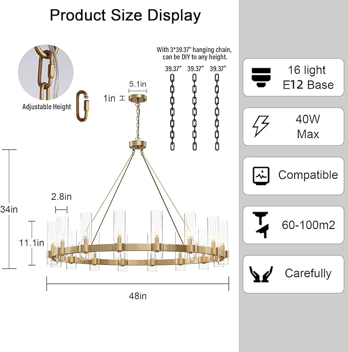 48 Inch Gold Chandelier, Wagon Wheel Chandelier with Glass Shade, 16-Lights Large Round Modern Farmhouse High Ceiling Pendant Lighting Fixture for Dining Room, Living Room, Kitchen, Foyer