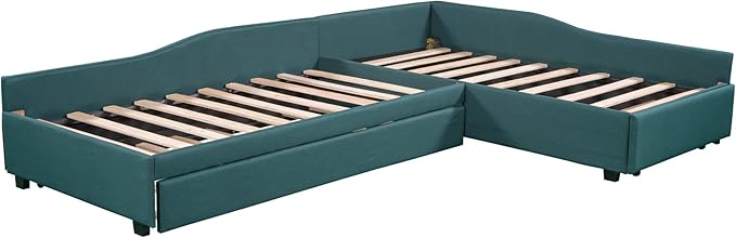 Bellemave L-Shape Platform Bed Twin Size Upholstered Daybed with Trundle and Storage Drawer Linen Corner Day Bed Frame for 3 Kids Boys Girls Teens, Green