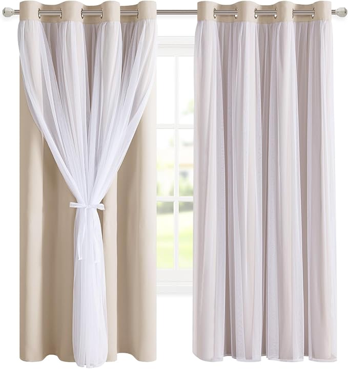 DWCN Beige Layered Curtains for Living Room Blackout and Sheer Curtains Grommet Top Window Treatment with Sheer Overlay for Bedroom, 52 W by 63 L, 2 Pieces