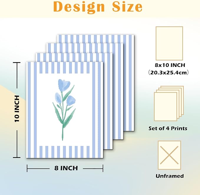 JINYO Rustic Blue and White Striped Floral Wall Art Prints Set of 4, Floral Room Decor, Retro Cottagecore Botanical Flower Posters Pictures Wall Decor for Home Bedroom, 8x10 Unframed