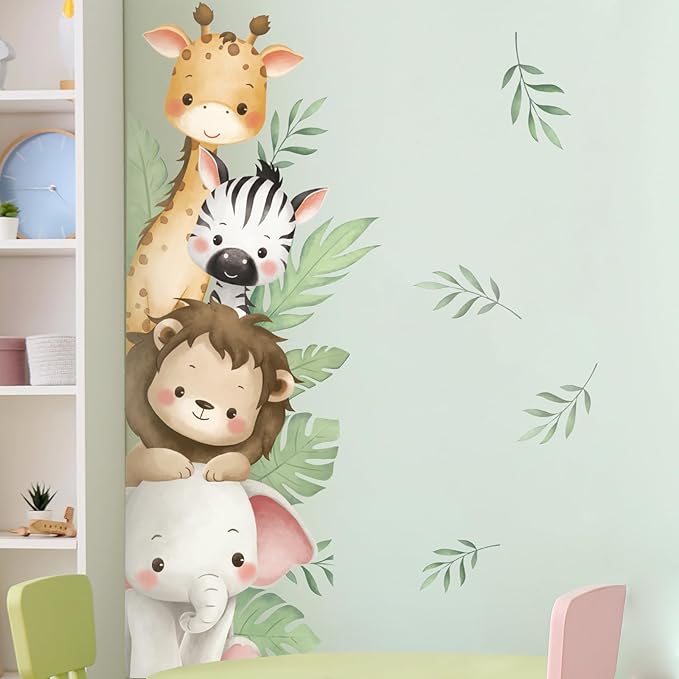 SHUCHING Watercolor Jungle Animal Wall Decals Peel and Stick, Vinyl Safari Elephant Lion Giraffe Zebra Wall Sticker, Wall Decor Art for Nursery Baby Playroom Kids Bedroom