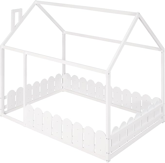 Bellemave Kids House Beds, Full Floor Bed with Fence Wood Cabin Bed Frame Can be Decorated for Teens, Girls, Boys, Adults, White