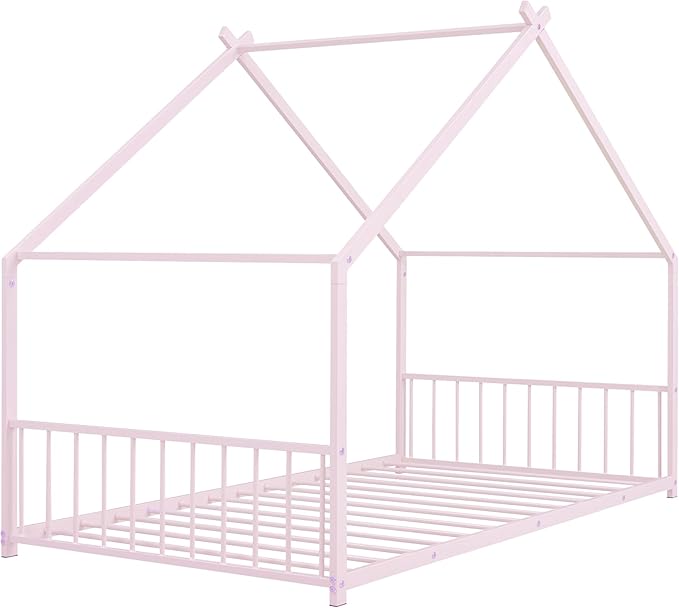 Twin Size House Shaped Montessori Platform Beds, Wood Floor Bed Frame with Roof and Fence Deisgn, Kids Double Toddler Bed for Children Boys Girls, Easy Assemble, No Box Spring Needed, Pink