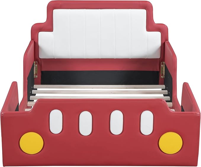 Twin Size Race Car-Shaped Platform Bed with Wheels, Unique Design Floor Bed with PU Leather Headboard and Safety Guardrails, Wood Slat Support for Kids,Boys,Girls (Red-100A)