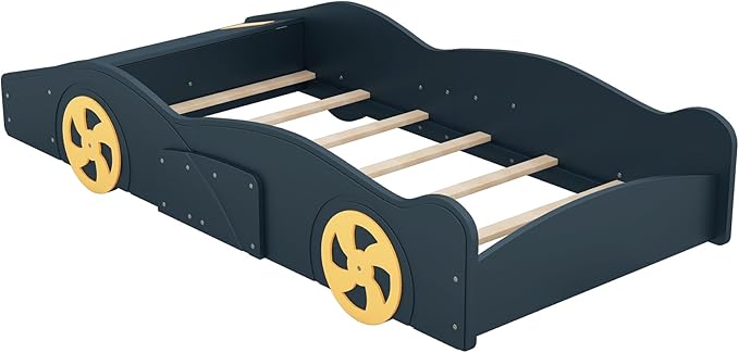 Twin Size Race Car-Shaped Platform Bed Bedframe with Wheels and Storage, 90.6" L x 40.3" W x 15,7" H Blue+Yellow
