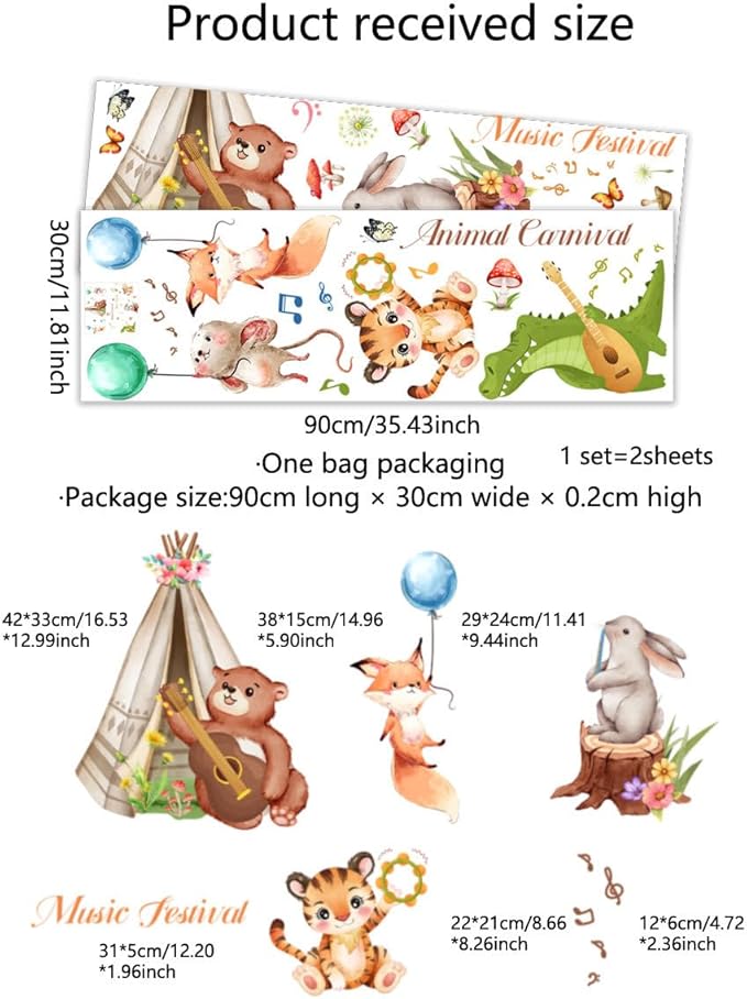 Animal Wall Decals Peel and Stick Bear Crocodile Wall Sticker Removable Safari Tiger Wall Decal Music Wall Stickers for Bedroom Nursery Classroom