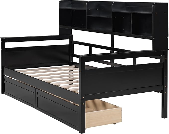 Harper & Bright Designs Twin Daybed with Storage, Wood Twin Size Bed Frame with Bookcase Headboard and 2 Drawers, Twin Sofa Bed with Shelves for Living Room Bedroom, No Box Spring Need, Espresso