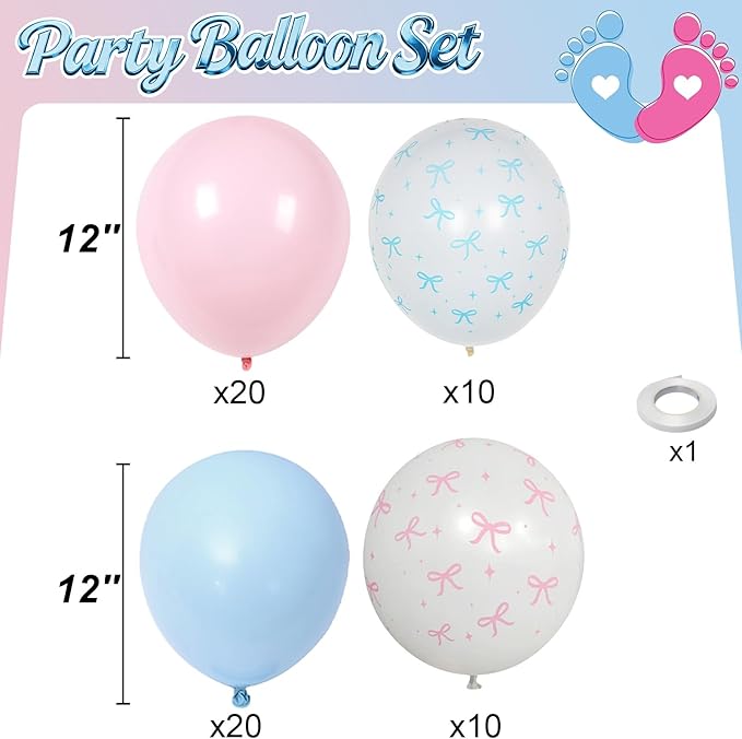 Pink and Blue Balloons, 60PCS 12 Inch Pastel Baby Pink and Blue Gender Reveal Balloons Bow Print Balloon for Boy or Girl Gender Reveal Decorations Bear Bow Baby Shower Party Decoration