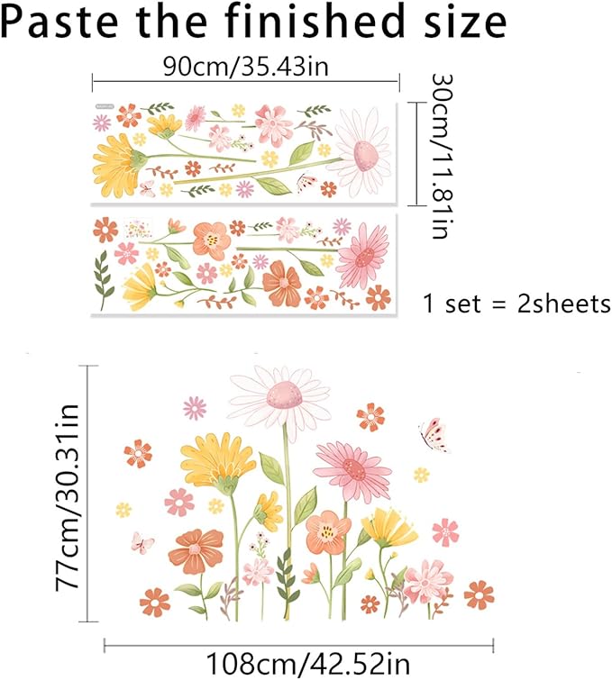 Boho Flower Wall Stickers - Daisy Wildflower Wall Decals with Butterfly Floral Design for Girls Bedroom, Baby Nursery, Kids Room
