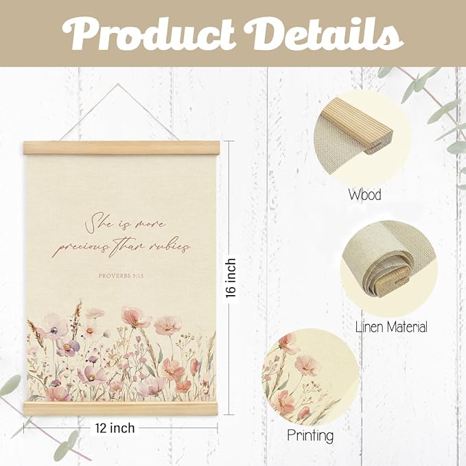 PLKMN Girls Room Decor, Pink Wildflower Baby Girl Nursery Decor Set of 2, Christian Gifts for Girls, Pink Floral Bible Christian Wall Art Framed, 12x16 Inch
