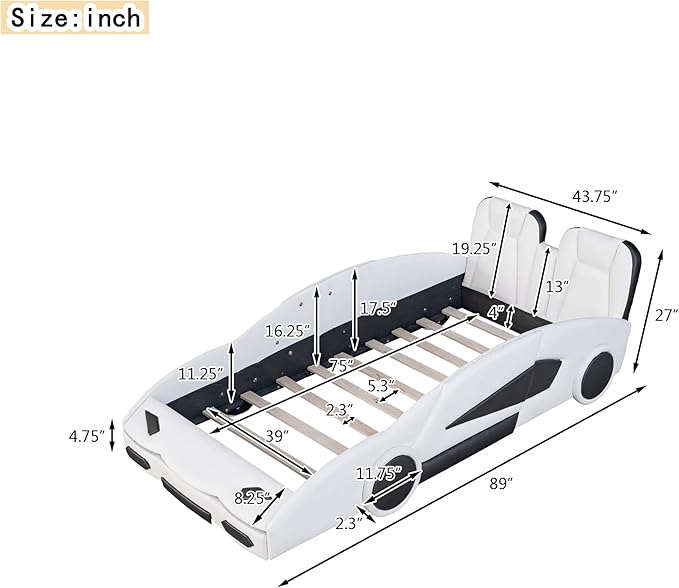 Ball & Cast Twin Size Race Car Shaped Platform Bed with Wheels,Wood Low Floor Bed Frame w/Rails & Headboard,Slat Support,No Box Spring Needed,for Apartment,Dorm,White