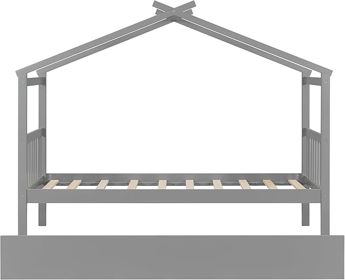 Merax Twin Size Wooden House Bed with Trundle, Wood Bed Frame with Roof for Kids, Teens, Boys or Girls, Grey
