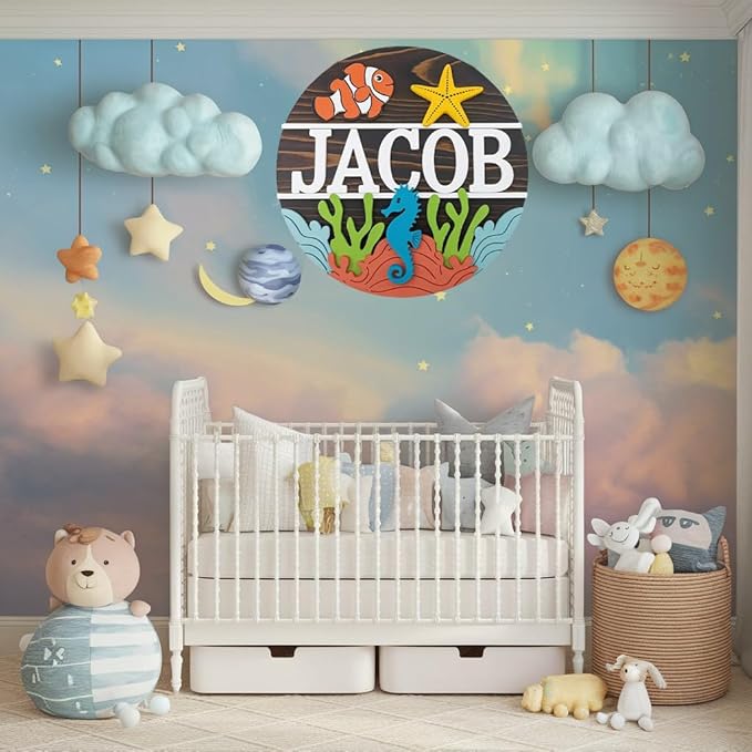 Personalized Name for Nursery Wall, Sea Animals Sign for Baby Door Decor, Newborn Gifts for Girl, Girls Nursery Wall Bedroom Decorations, Mother's Day Gifts for New Mom Dad Gift