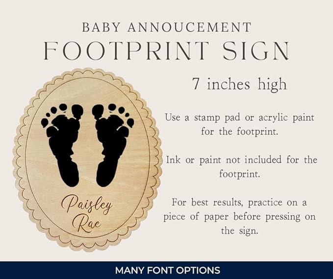 Personalized Baby Footprint Name Sign – Custom Engraved Wooden Birth Announcement Plaque - Baby Shower - Newborn Keepsake (Footprint Sign)