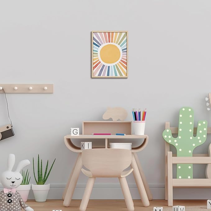 KISSFOX Framed Wall Art Nursery Wall Decor Sunshine Pictures Kids Cute Rainbow Canvas Art Colorful Sweet Paintings Boho Sunburst Artwork For Children Boys Girls Room Playroom
