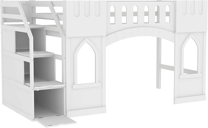 Playhouse Design Twin Size Loft Bed with Storage Staircase and Windows, Solid Wood Loft Bed Frame with Safety Guardrail for Kids Teens Boys Girls, Space-Saving (White-3)