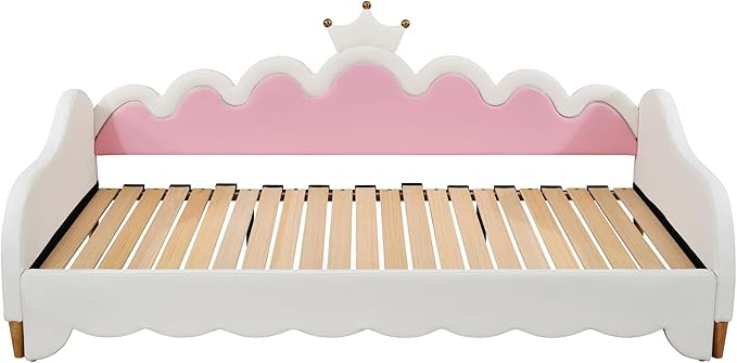 Merax Cute Princess Daybed with Crown Headboard and Light Strips, Twin Size Upholstered Day Bed Frame, Space-Saving Extending Pull Out Sofabed for Kids, Girls' Bedroom, Solid Wood Slats Support, White
