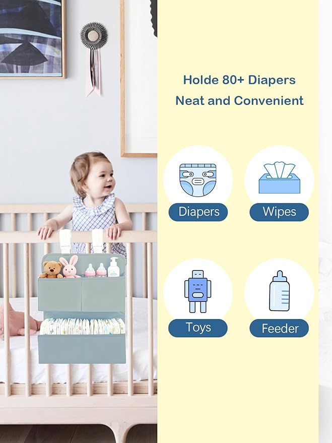 Hanging Diaper Organizer for Bassinet/Crib/Playpen/Playard – Hold 80+ Diapers - Changing Table Diaper Holder Attachment Accessories- Diaper Stacker Nursery Caddy Organizer - Grey