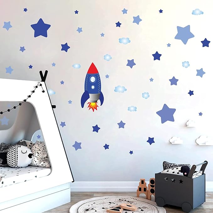 Large Rocket and Star Wall Decals, Outer Space Wall Stickers, Peel and Stick Removable Star Sticker, Art Decor for Kids Boys Bedroom Nursery Living Room,Playroom Classroom Decoration